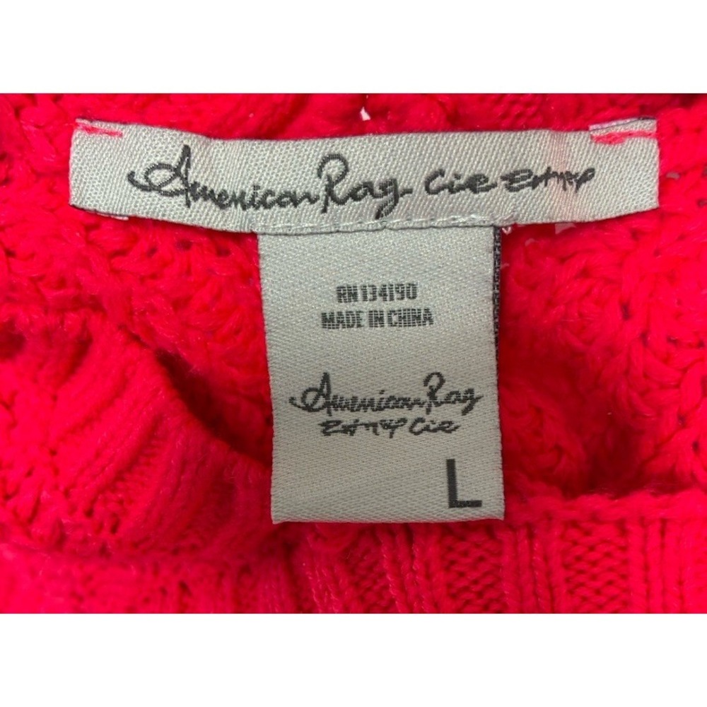 American Rag Cie Womens L Neon Pink Cable Knit Fringe Sweater Mock Neck Sz. L - Picture 5 of 6